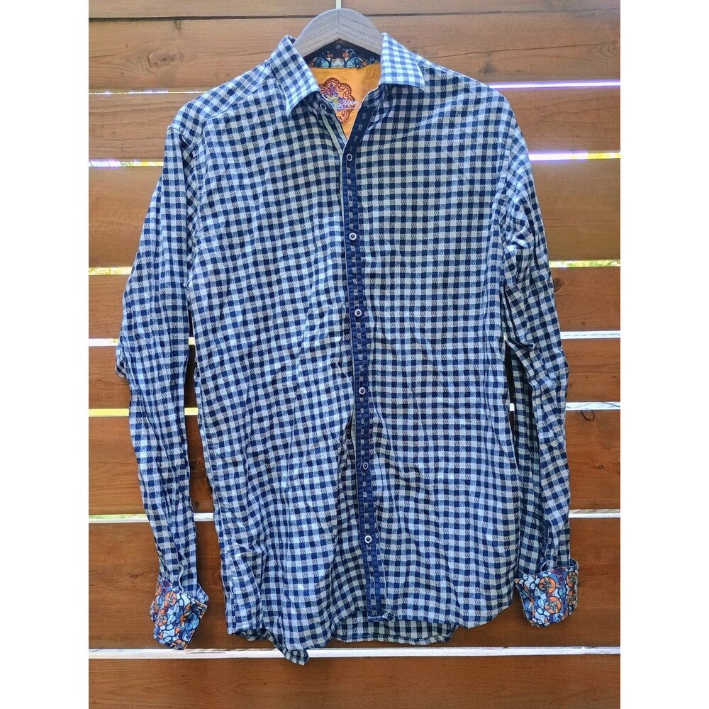 Robert Graham Mens Shirt Blue Check Plaid Stained Glass Flip Cuffs Large